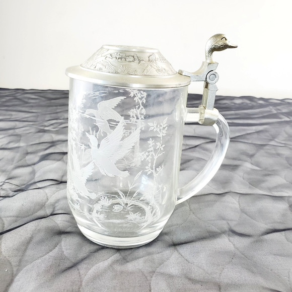 VTG Beer Stein Duck Mallard Etched Glass Pewter Lid 6” Beer Mug France Germany - Picture 2 of 11